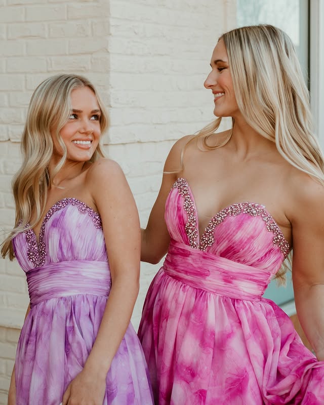 A-Line Empire Beaded Strapless Floral Chiffon Party Prom Dress