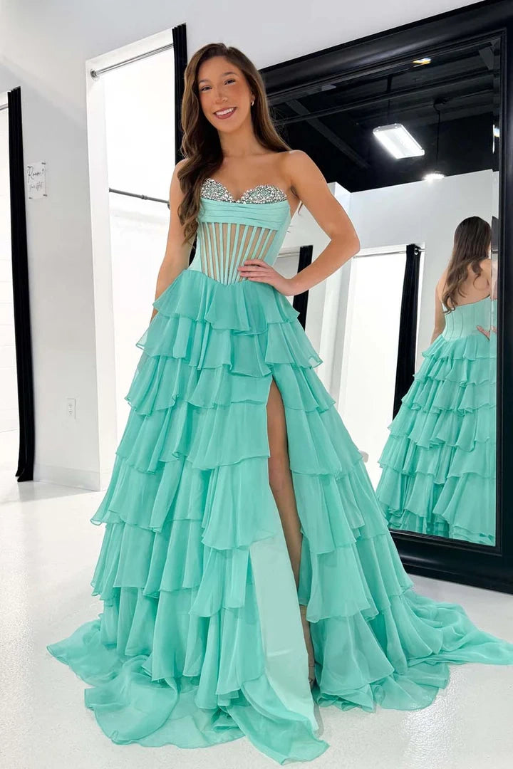 A-Line Empire Beaded Sweetheart Strapless Tiered Party Prom Dress