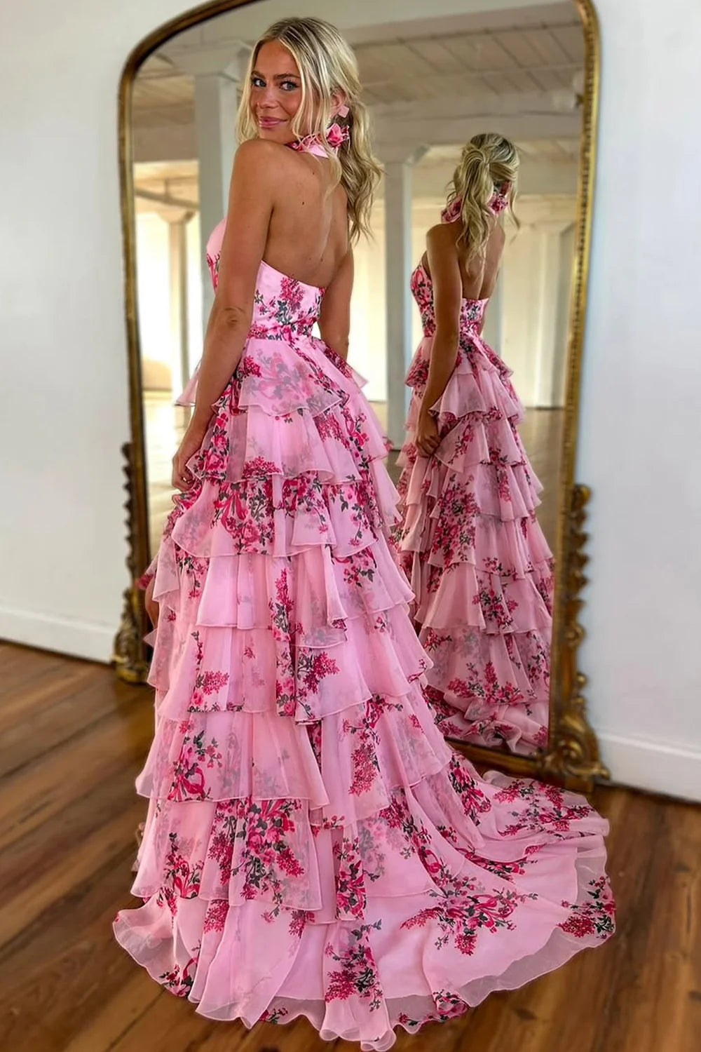 A-Line Empire High Neck Sleeveless Floral Party Prom Dress