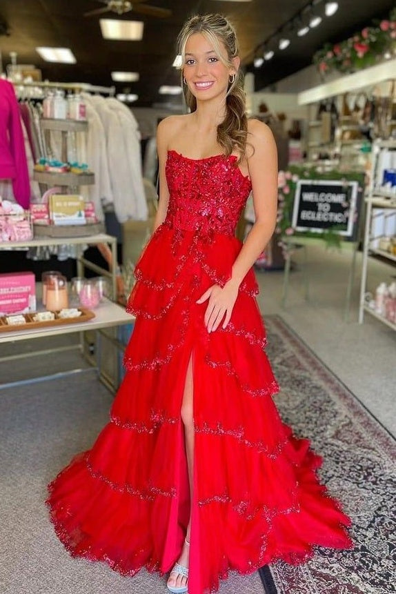 A-Line Empire Strapless Appliques Tiered Party Prom Dress