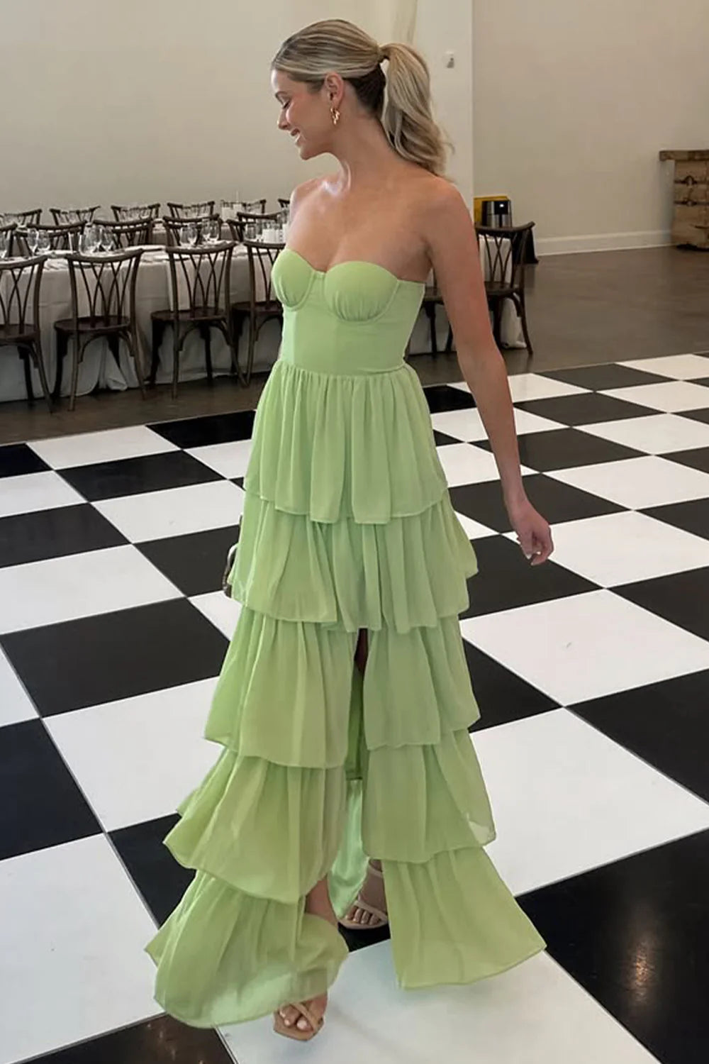 A-Line Empire Sweetheart Strapless Tiered Party Prom Dress