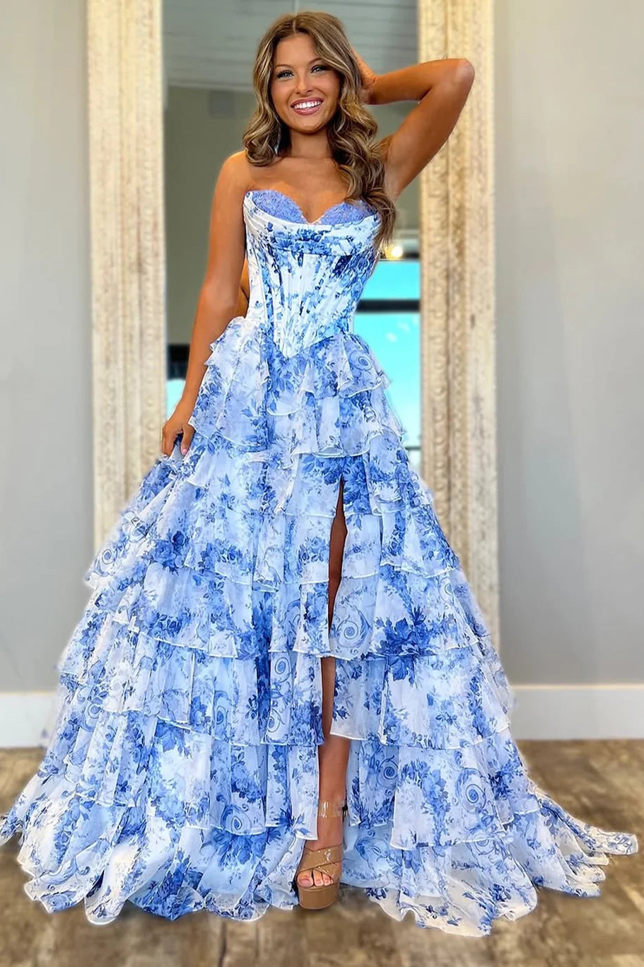A-Line Empire Tiered Appliques Party Prom Dress With Slit