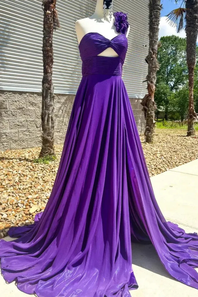 A-Line Floral One Shoulder Sleeveless Party Prom Dress With Slit