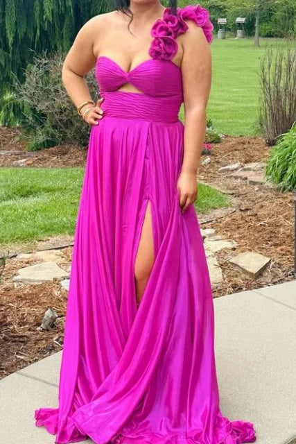 A-Line Floral One Shoulder Sleeveless Party Prom Dress With Slit