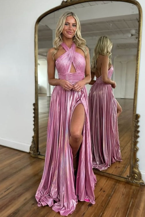A-Line Halter Backless Satin Party Prom Dress With Slit