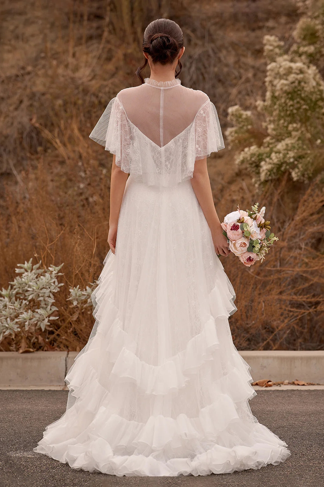 A-Line High Neck Tiered Ruffled Boho Beach Wedding Dress