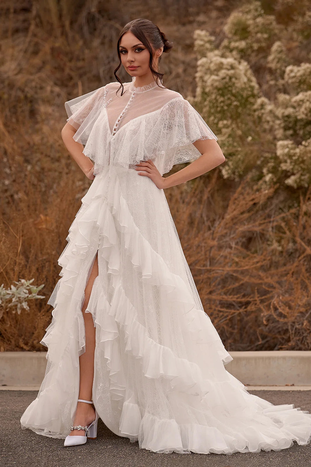 A-Line High Neck Tiered Ruffled Boho Beach Wedding Dress