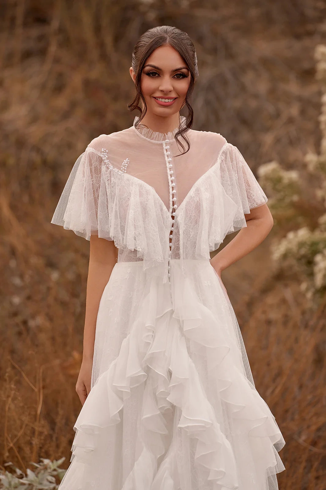 A-Line High Neck Tiered Ruffled Boho Beach Wedding Dress