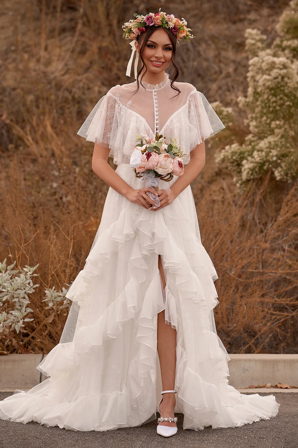 A-Line High Neck Tiered Ruffled Boho Beach Wedding Dress