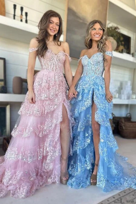 A-Line Off-Shoulder Empire With Side Slit Lace Prom Dress Movousdress A-Line Off-Shoulder Empire With Side Slit Lace Prom Dress Movousdress