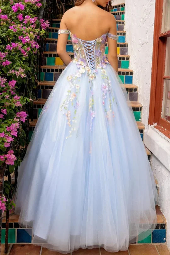 A-Line Off-Shoulder Sleeveless 3D Appliques Formal Prom Dress