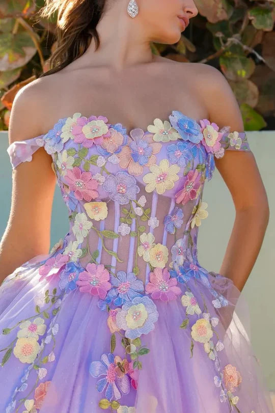 A-Line Off-Shoulder Sleeveless 3D Appliques Formal Prom Dress