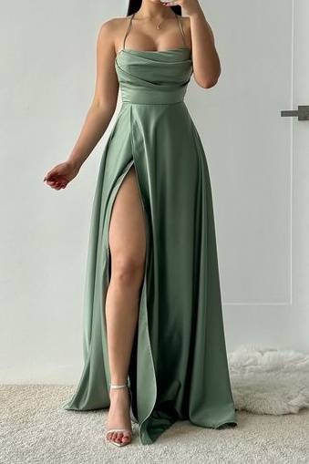 A-Line Satin A-Line Square Spaghetti Straps With Side Slit Prom Dress