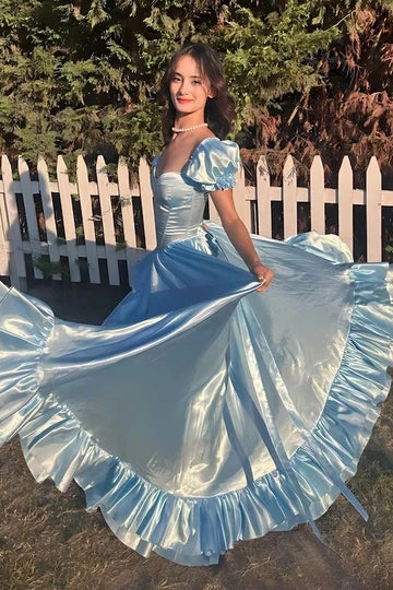 A-Line Short Sleeves Ruffled Princess Party Prom Dress
