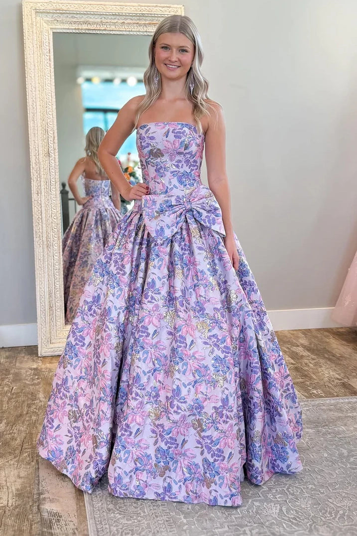A-Line Sleeveless Bow Empire Satin Floral Party Prom Dress