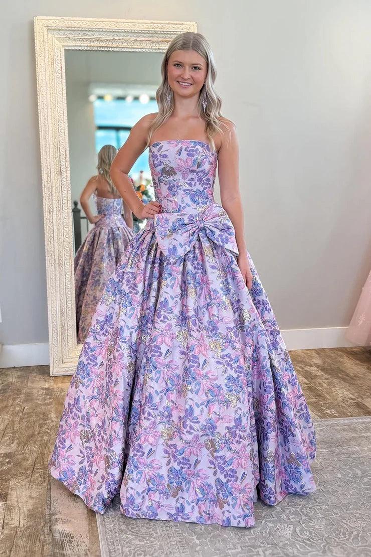 A-Line Sleeveless Bow Empire Satin Floral Party Prom Dress