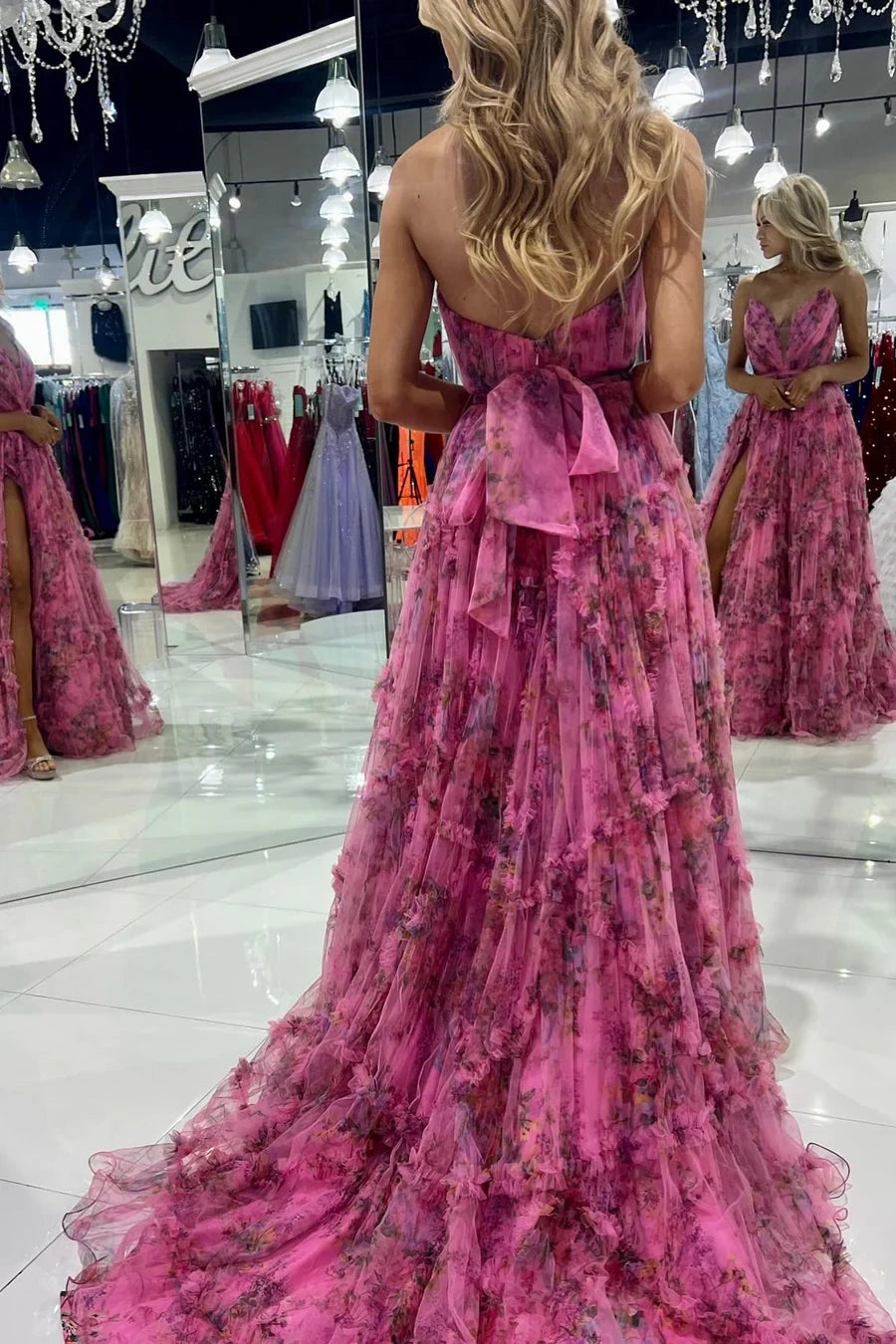 A-Line Sleeveless Empire Floral Party Prom Dress With Slit