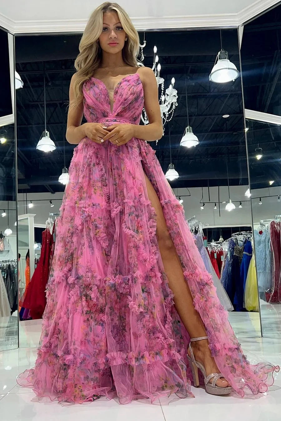 A-Line Sleeveless Empire Floral Party Prom Dress With Slit