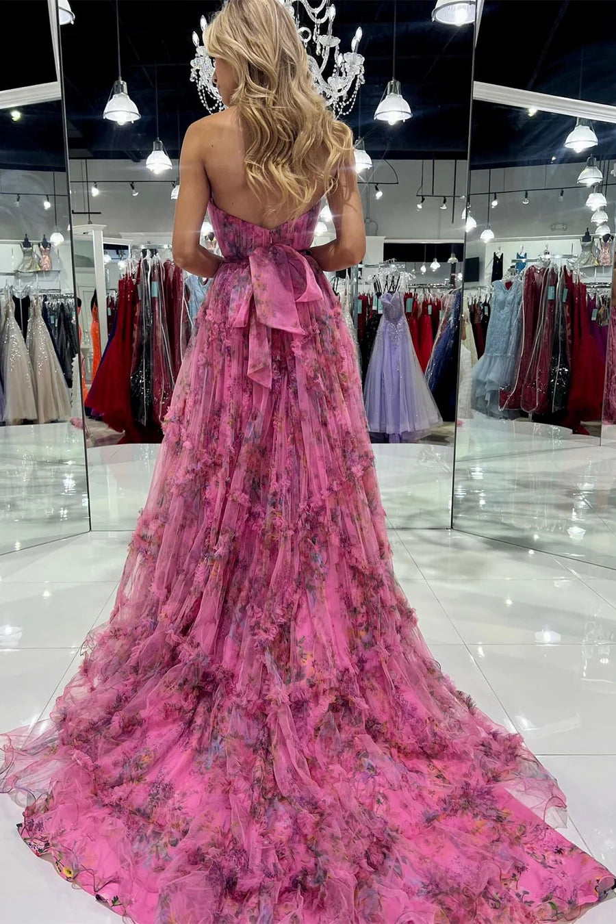 A-Line Sleeveless Empire Floral Party Prom Dress With Slit