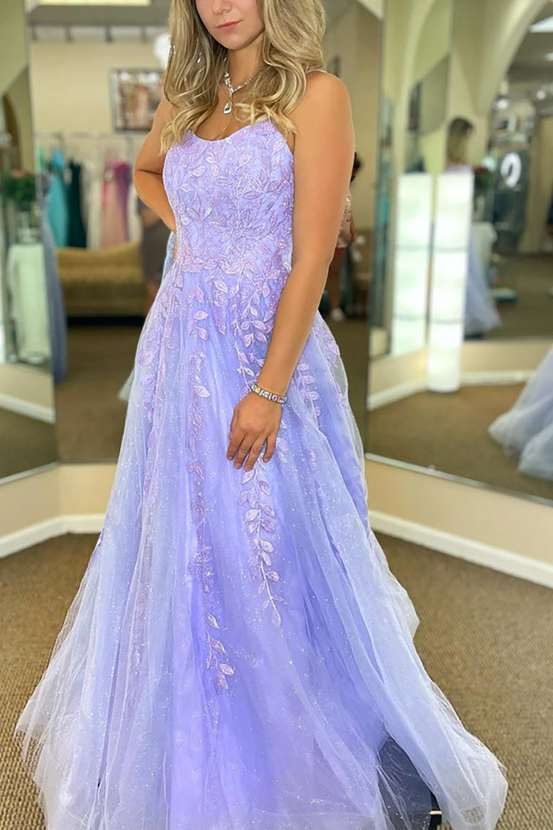 A-Line Sleeveless Lace Up Appliques Prom Dress