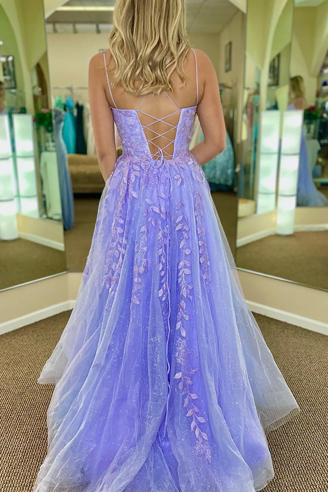 A-Line Sleeveless Lace Up Appliques Prom Dress
