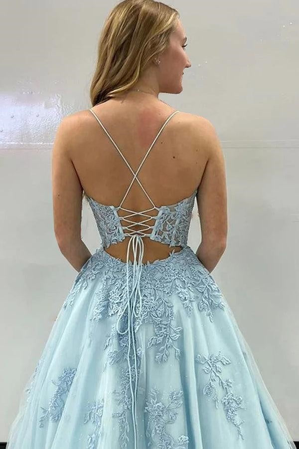 A-Line Spaghetti Straps Tulle Party Prom Dress With Appliques