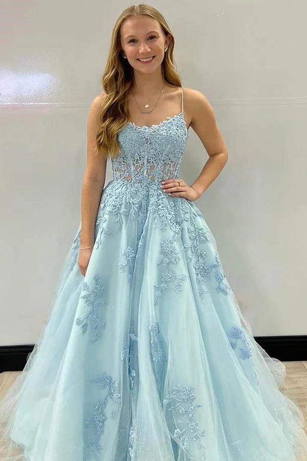 A-Line Spaghetti Straps Tulle Party Prom Dress With Appliques