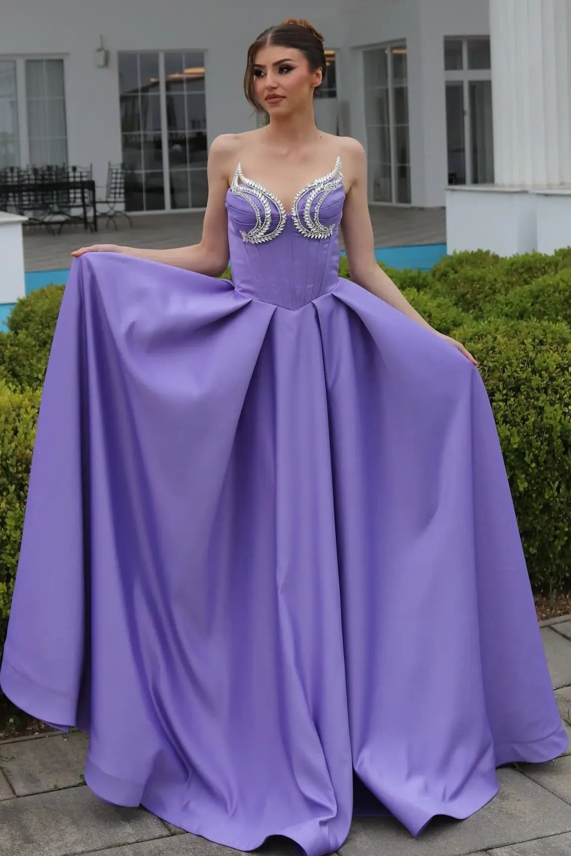 A-Line Strapless Empire Beaded Prom Evening Dress