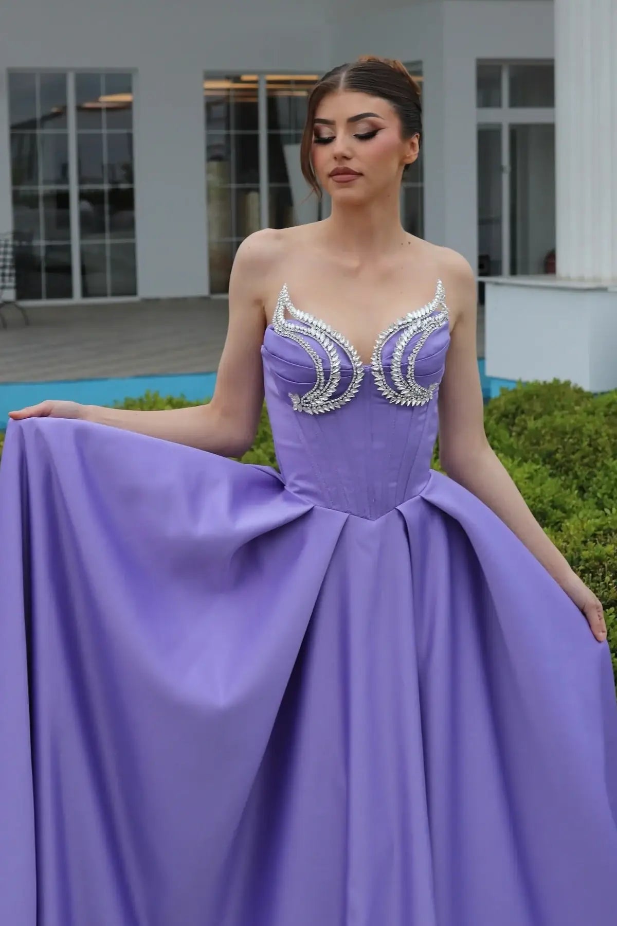 A-Line Strapless Empire Beaded Prom Evening Dress