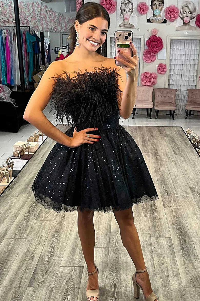 A-Line Strapless EmpireFeathers Glitter Tulle Homecoming Dress