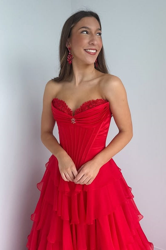 A-Line Strapless Sleeveless Tiered Long Party Prom Dress With Slit