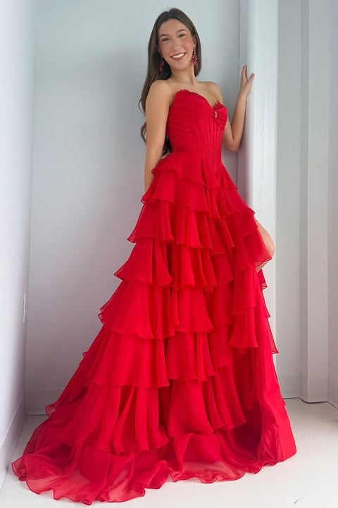 A-Line Strapless Sleeveless Tiered Long Party Prom Dress With Slit