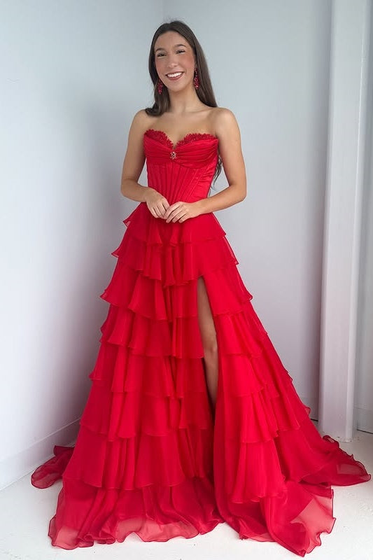 A-Line Strapless Sleeveless Tiered Long Party Prom Dress With Slit
