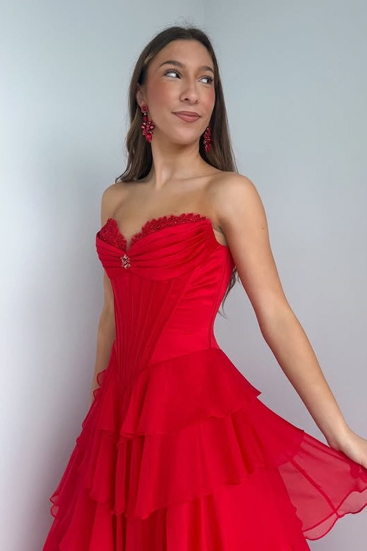 A-Line Strapless Sleeveless Tiered Long Party Prom Dress With Slit
