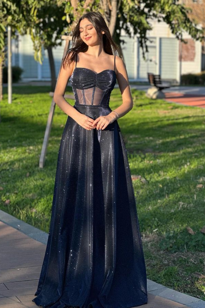 A-Line Sweetheart Sleeveless Glitter Sheer Empire Prom Dress