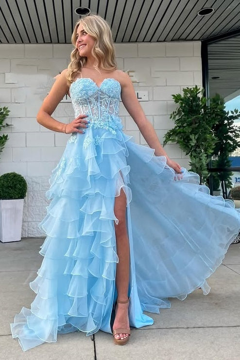 A-Line Sweetheart Strapless Empire Appliques Tiered Party Prom Dress