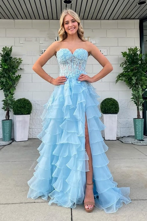 A-Line Sweetheart Strapless Empire Appliques Tiered Party Prom Dress