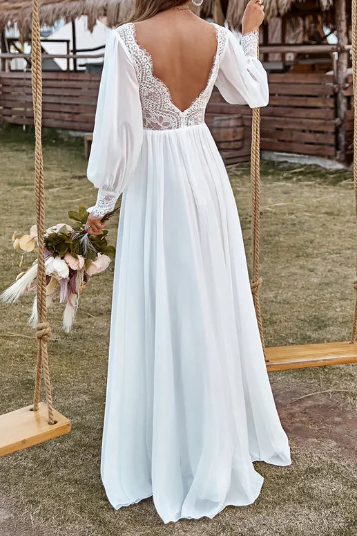 A-Line V-Neck Long Sleeves Open Back Empire Boho Wedding Dress