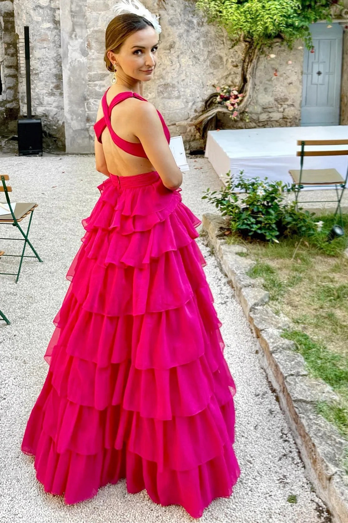 A-Line V-Neck Sleeveless Tiered Party Prom Dress