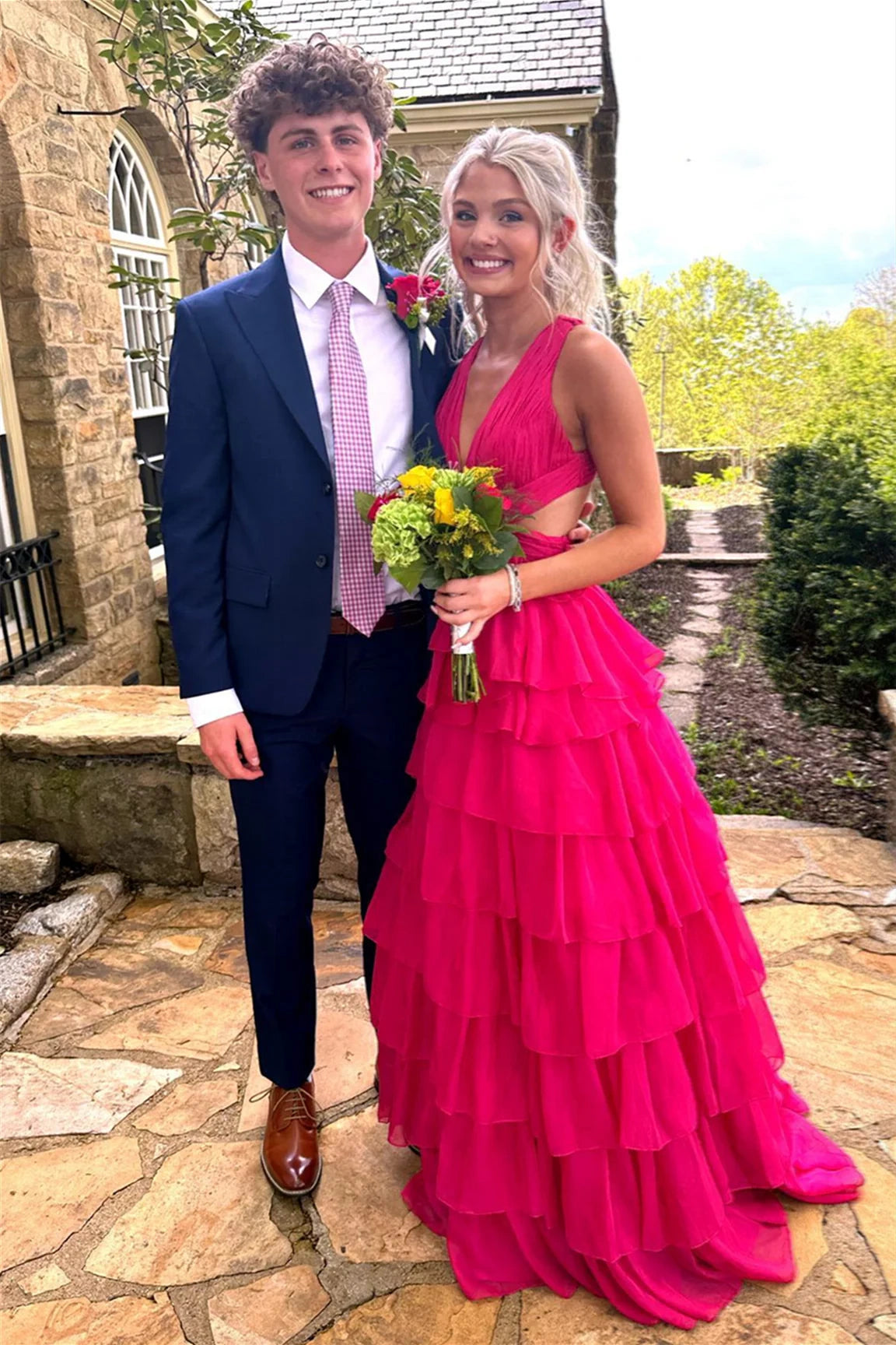 A-Line V-Neck Sleeveless Tiered Party Prom Dress Movousdress A-Line V-Neck Sleeveless Tiered Party Prom Dress Movousdress