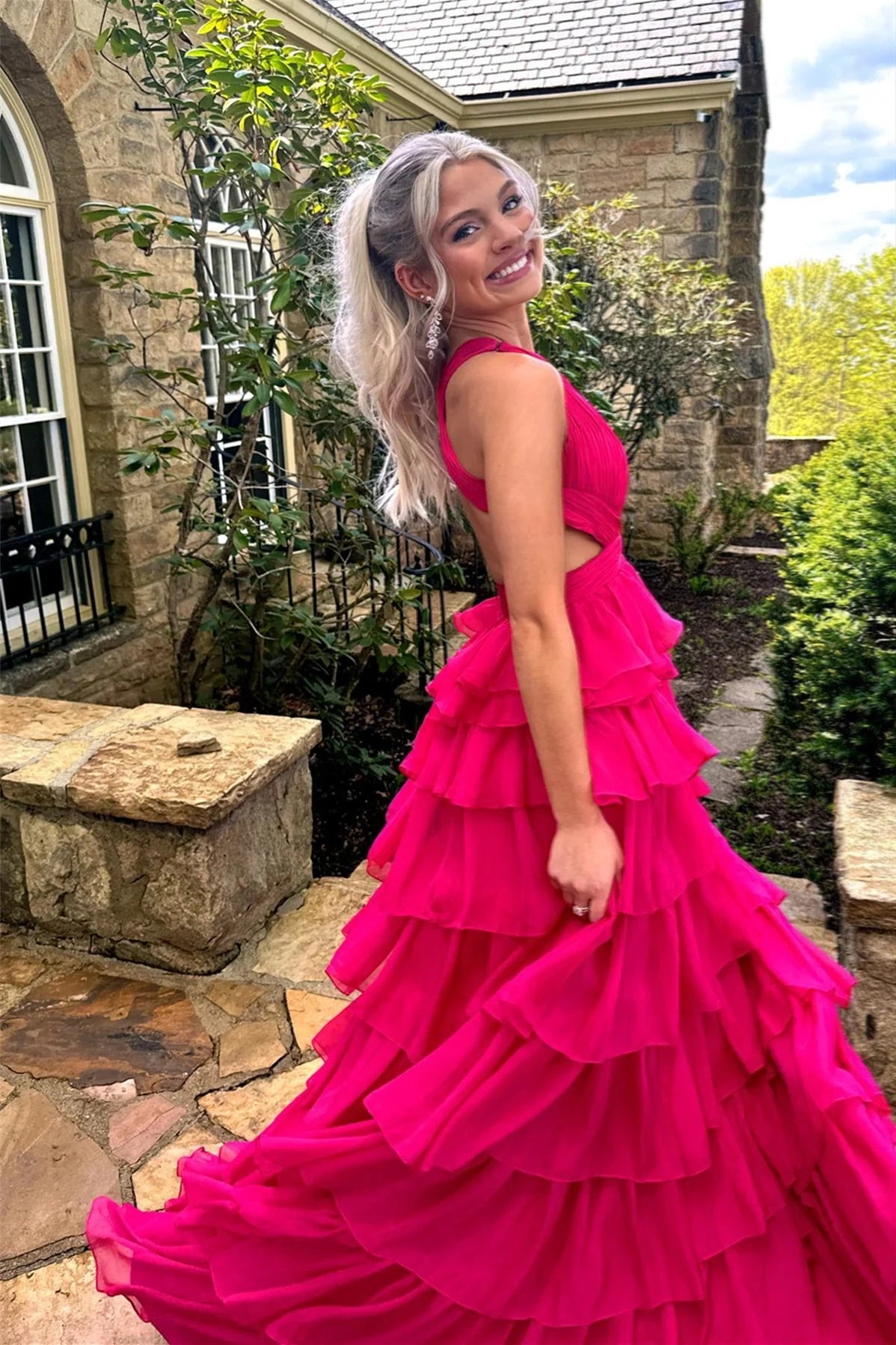 A-Line V-Neck Sleeveless Tiered Party Prom Dress