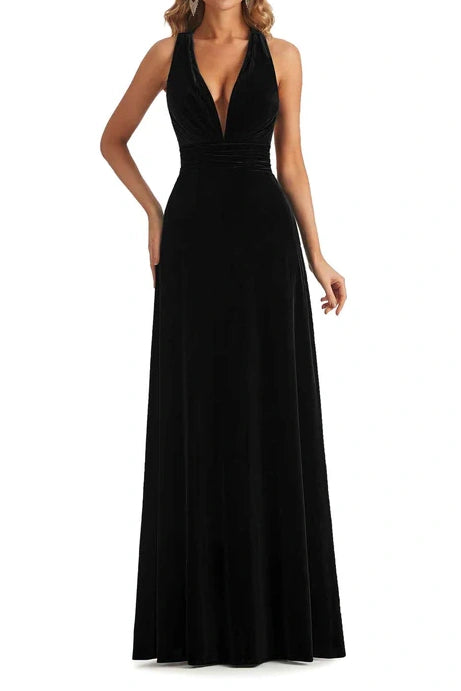 A-Line V-Neck Sleeveless Velvet Bridesmaid Dress