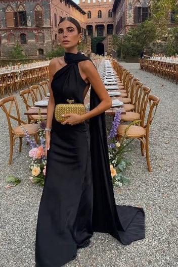 Backless High Neck Satin Party Prom Dress With Train