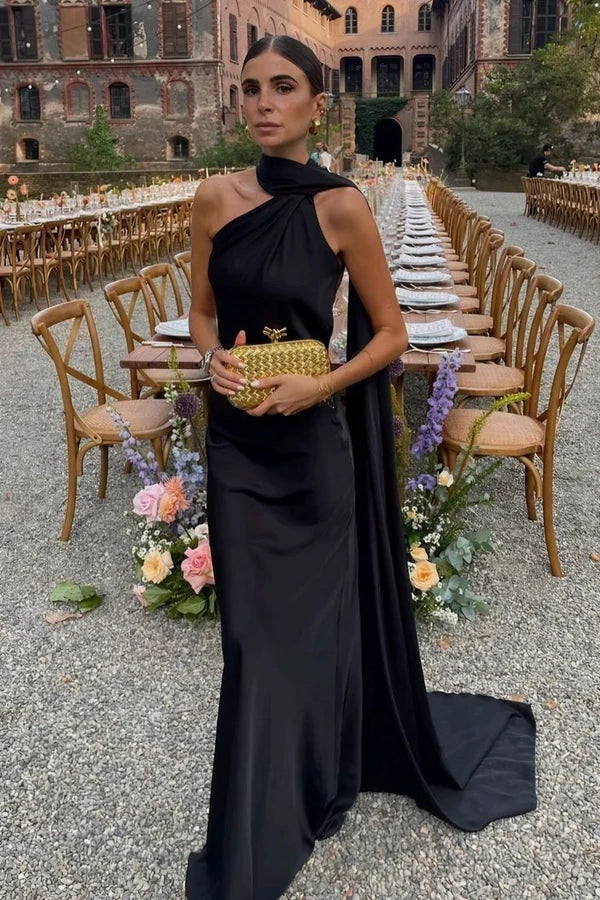 Backless High Neck Satin Party Prom Dress With Train