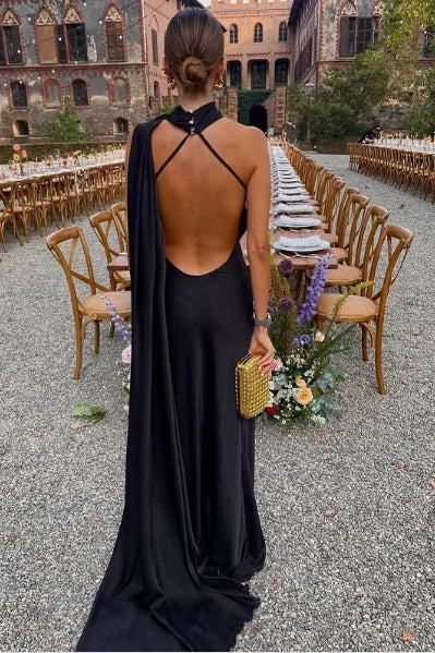 Backless High Neck Satin Party Prom Dress With Train