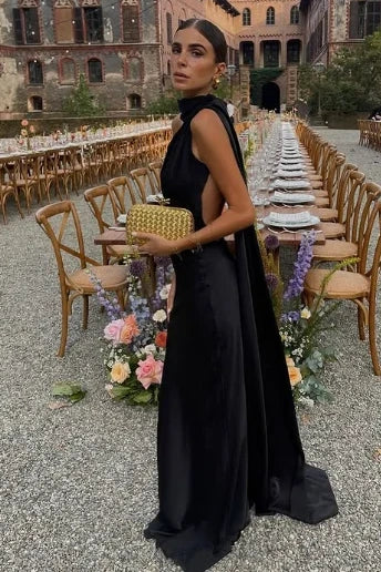 Backless High Neck Satin Party Prom Dress With Train