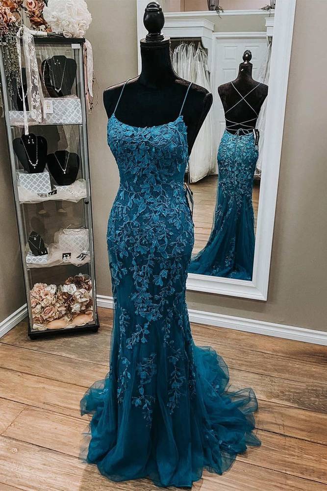 Bateau Lace Up Appliques Mermaid Formal Party Dress
