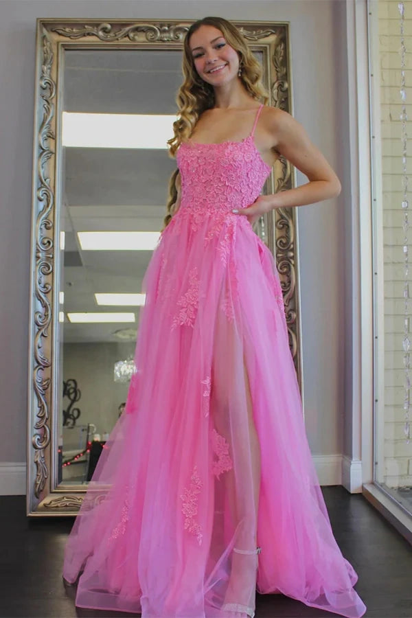 Bateau Lace Up Tulle A-Line Appliques Prom Dress