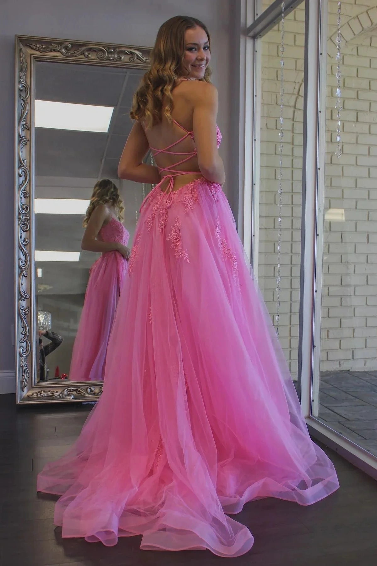 Bateau Lace Up Tulle A-Line Appliques Prom Dress