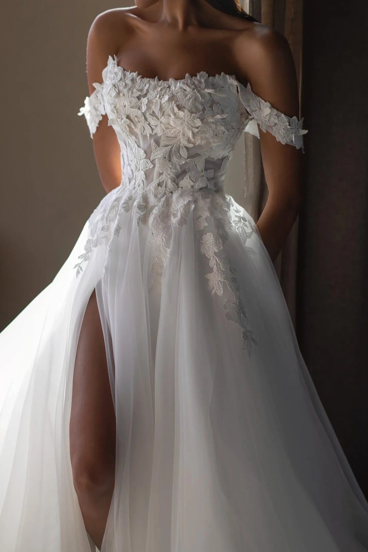 Bateau Off-Shoulder Appliques Tulle Wedding Dress With Side Slit